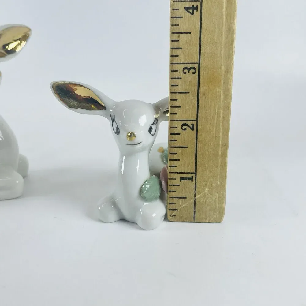 VTG Big Gold Ears White Porcelain Deer Figurines Mother Fawn Rose Chase Japan